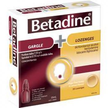 Betadine Sore Throat Gargle + Anaesthetic Lozenges Kit 16 pack + 15ml