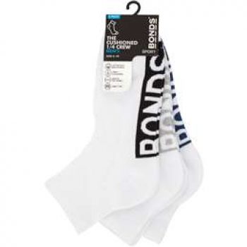 Bonds Mens Socks 1/4 Crew Sports Size 6-10 3 pack