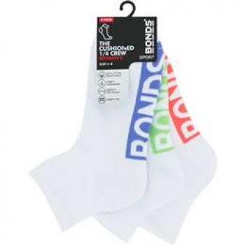 Bonds Womens Socks Logo 1/4 Sports Size 3-8 3 pack