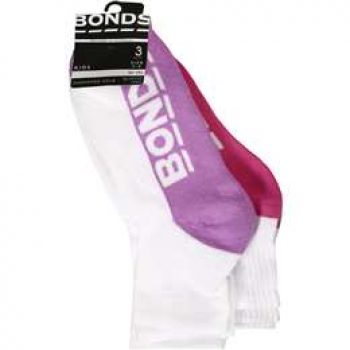 Bonds Kids Socks Logo Sport 1/4 Size 2-8 3 pack
