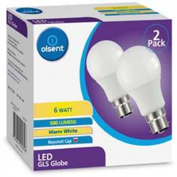 Olsent Light Globe Led Gls Bc 5w 470lum 2 pack