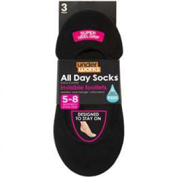 All Day Womens Invisible Footlet Socks Black 9-11 3 pack