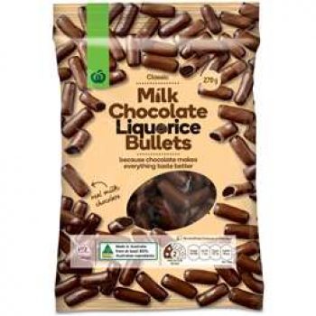 Woolworths Milk Chocolate Liquorice Bullets 270g