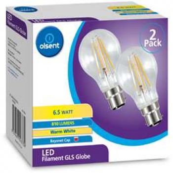 Olsent Filament Gls Globe 6.5w 810lm Warm White 2 pack