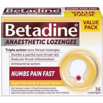 Betadine Anaesthetic Lozenges Honey & Lemon Flavour 36 pack