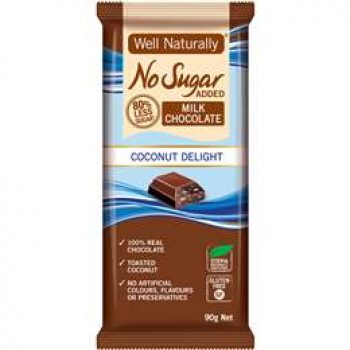 Well Naturally No Sugar Added Milk Choc Coconut 90g