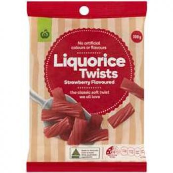 Woolworths Liquorice Twists Strawberry Flavoured 300g