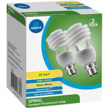 Olsent Spiral Cfl Warm White Bc 20w 2 pack