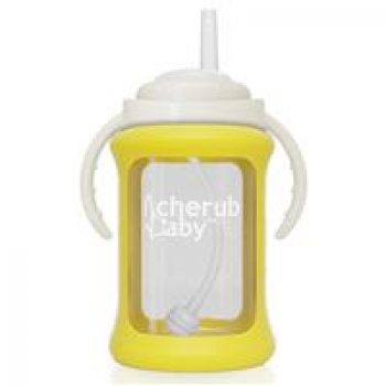 Cherub Baby Wide Neck Glass Straw Cup with Colour Change Sleeve 240ml Yellow Online Only